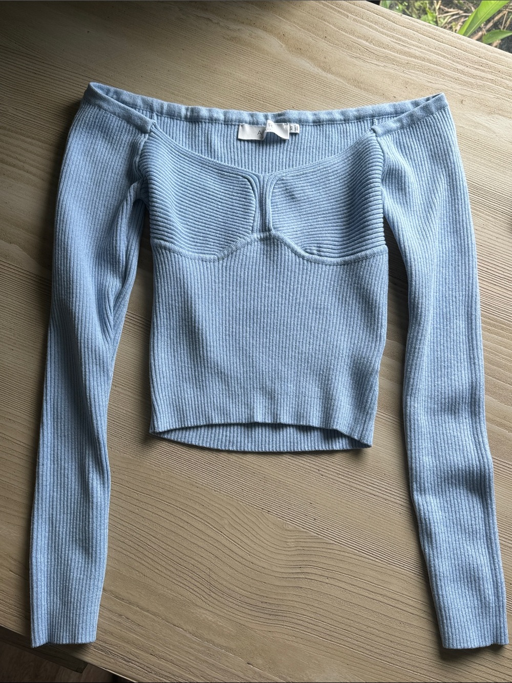 Astr Off-the-Shoulder Ribbed Light Blue Sweater Top